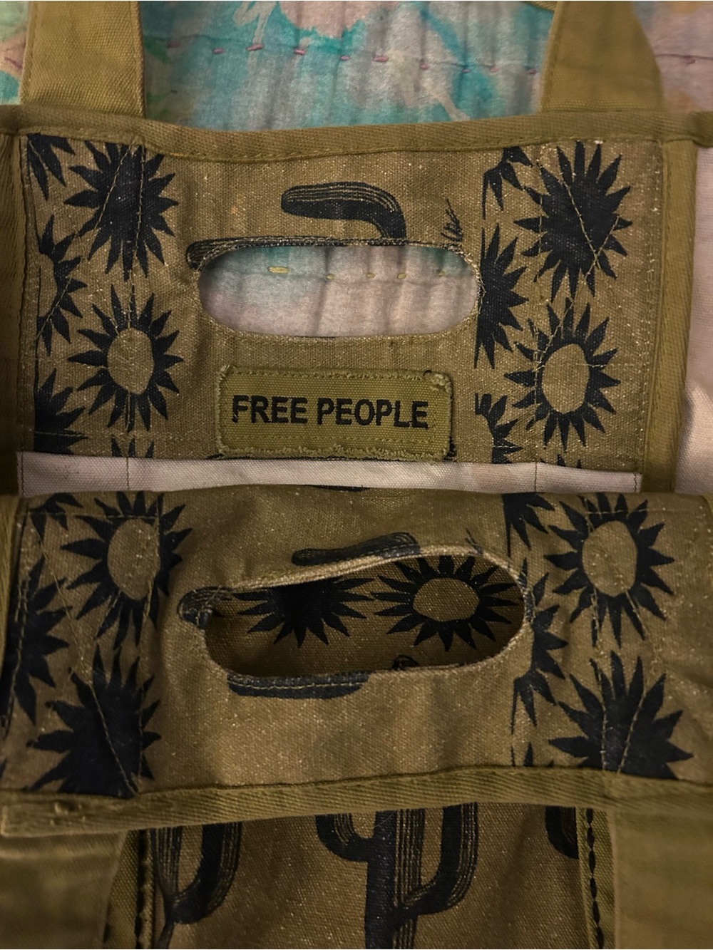 Free People Caravan Olive Green Cactus Print Canvas Tote Bag - Picture 3 of 4